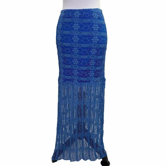 ROYAL Blue Floral Lace Sheer Maxi Skirt - Picture 1 of 5